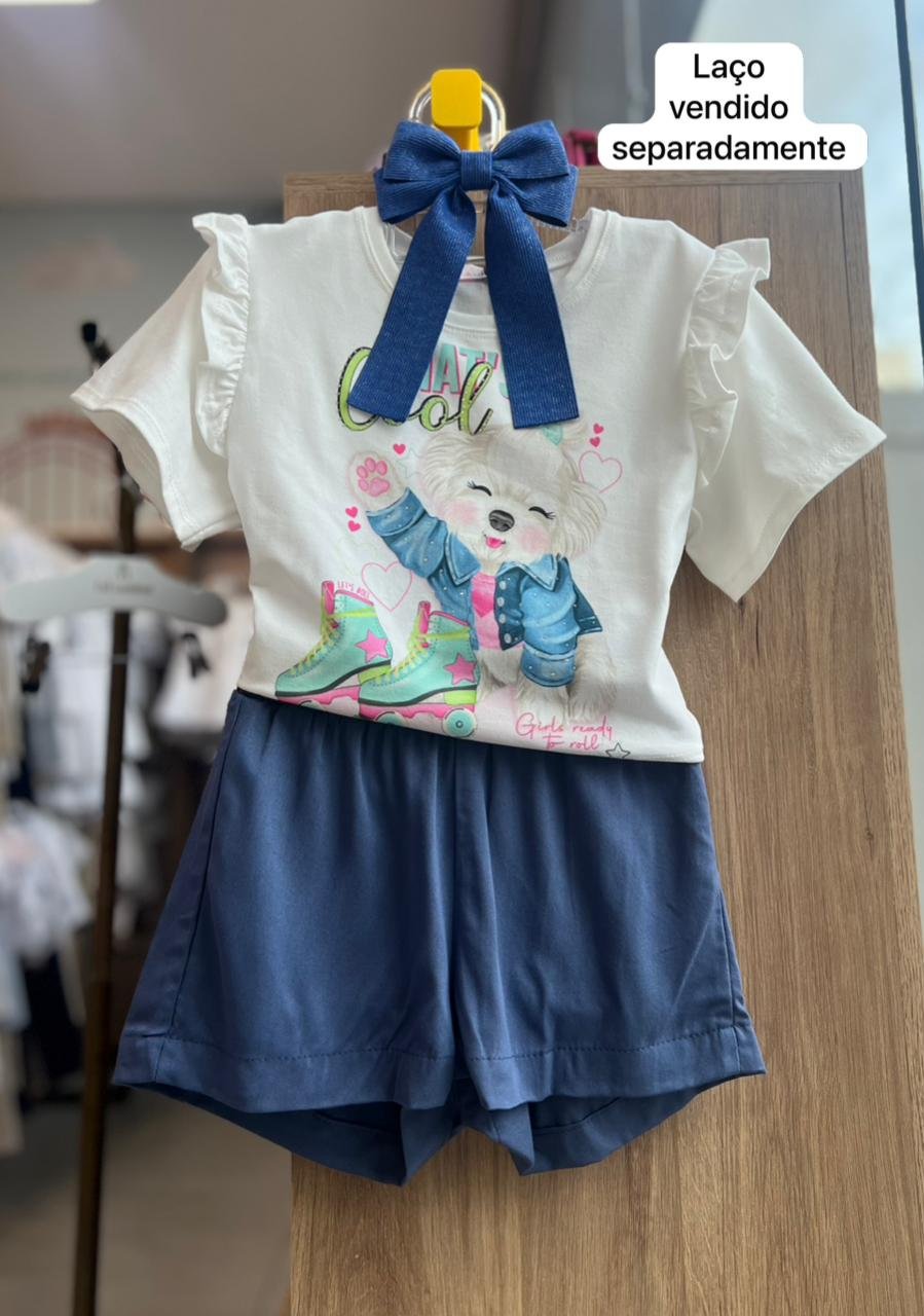 CONJUNTO BLUSA MANGA CURTA BABADO CACHORRO THAT'S COOL E SHORT MENINA MENINA KUKIÊ - OFF/AZUL