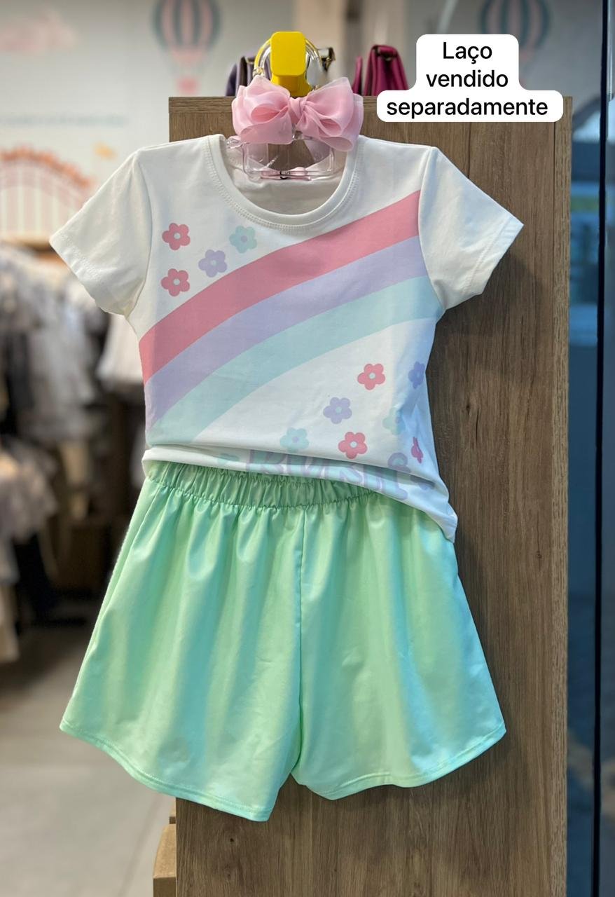 CONJUNTO BLUSA MANGA CURTA FLORES LISTRAS E SHORT MENINA KUKIÊ - OFF/VERDE