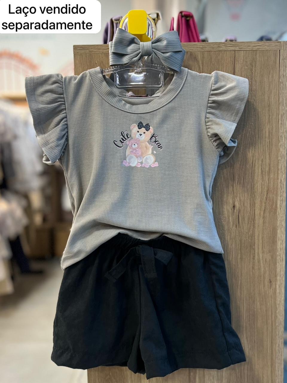 CONJUNTO BLUSA MANGA CURTA BABADO CANELADO URSO CUTE E SHORT MENINA KUKIÊ - CINZA/PRETO