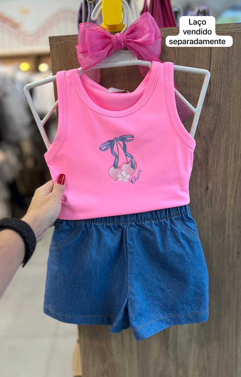 CONJUNTO BLUSA REGATA CHARM FLOR CEREJA E SHORT JEANS MENINA KUKIÊ - ROSA/JEANS