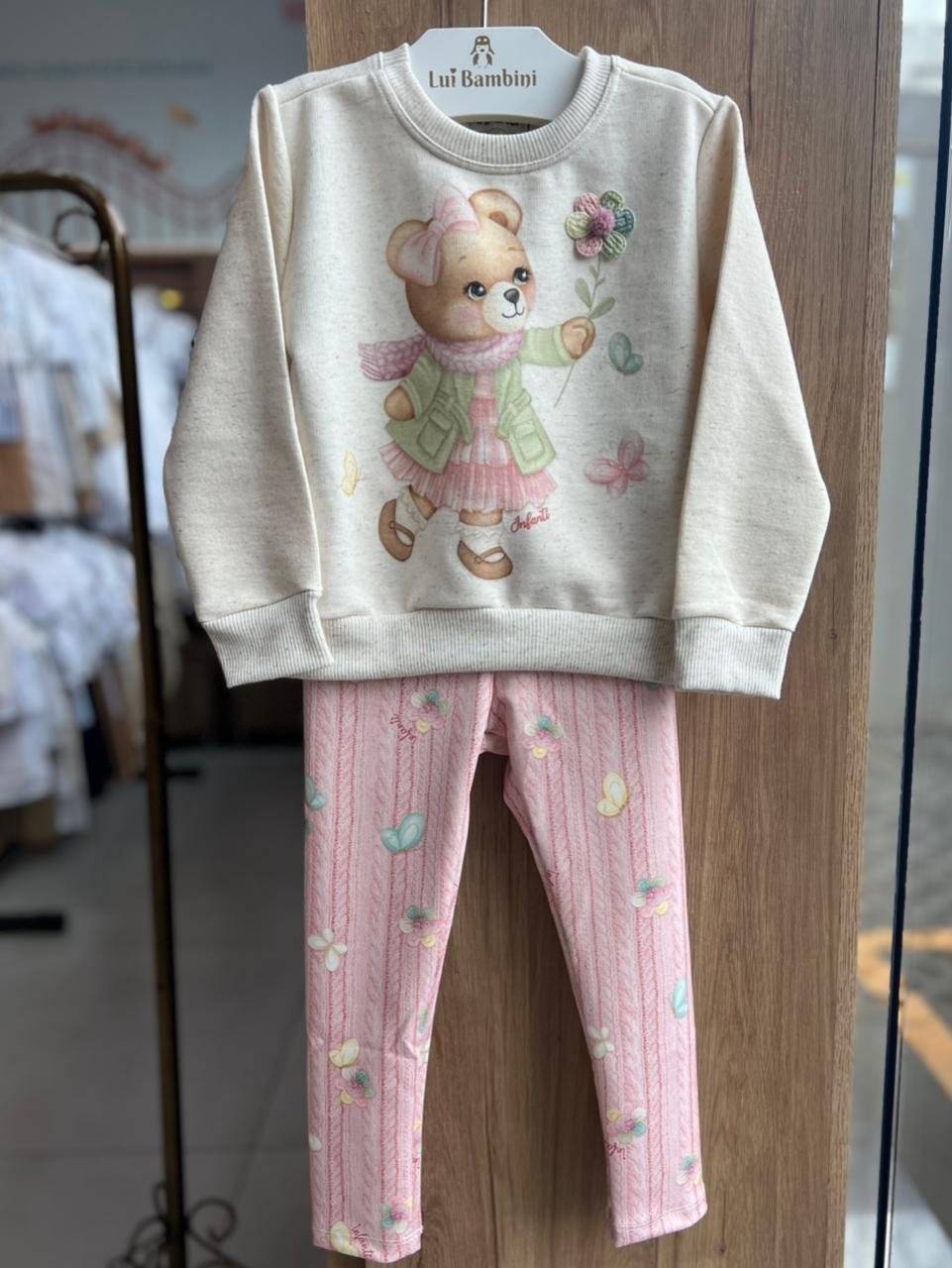 CONJUNTO BLUSÃO MANGA LONGA URSO FLOR E CALÇA LEGGING MENINA INFANTI - BEGE