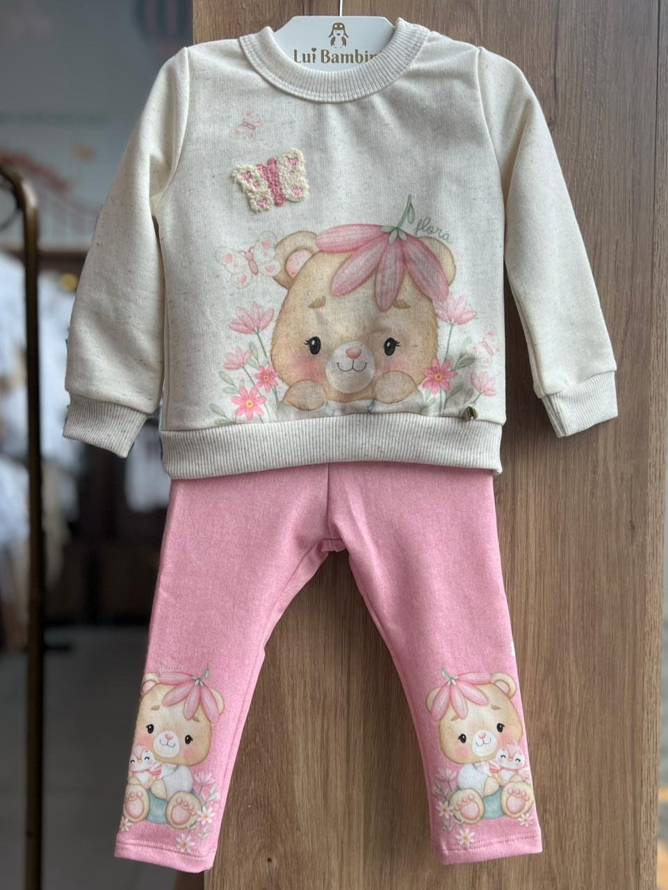CONJUNTO BLUSÃO MANGA LONGA URSO FLORA E CALÇA LEGGING MENINA INFANTI - BEGE/ROSA