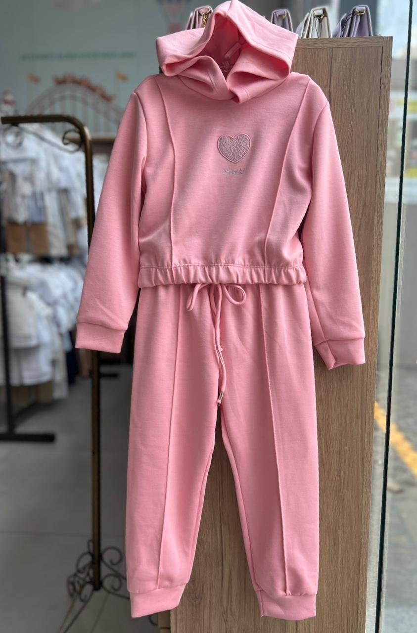 CONJUNTO BLUSÃO MANGA LONGA CAPUZ CORAÇÃO E CALÇA MENINA INFANTI - ROSA