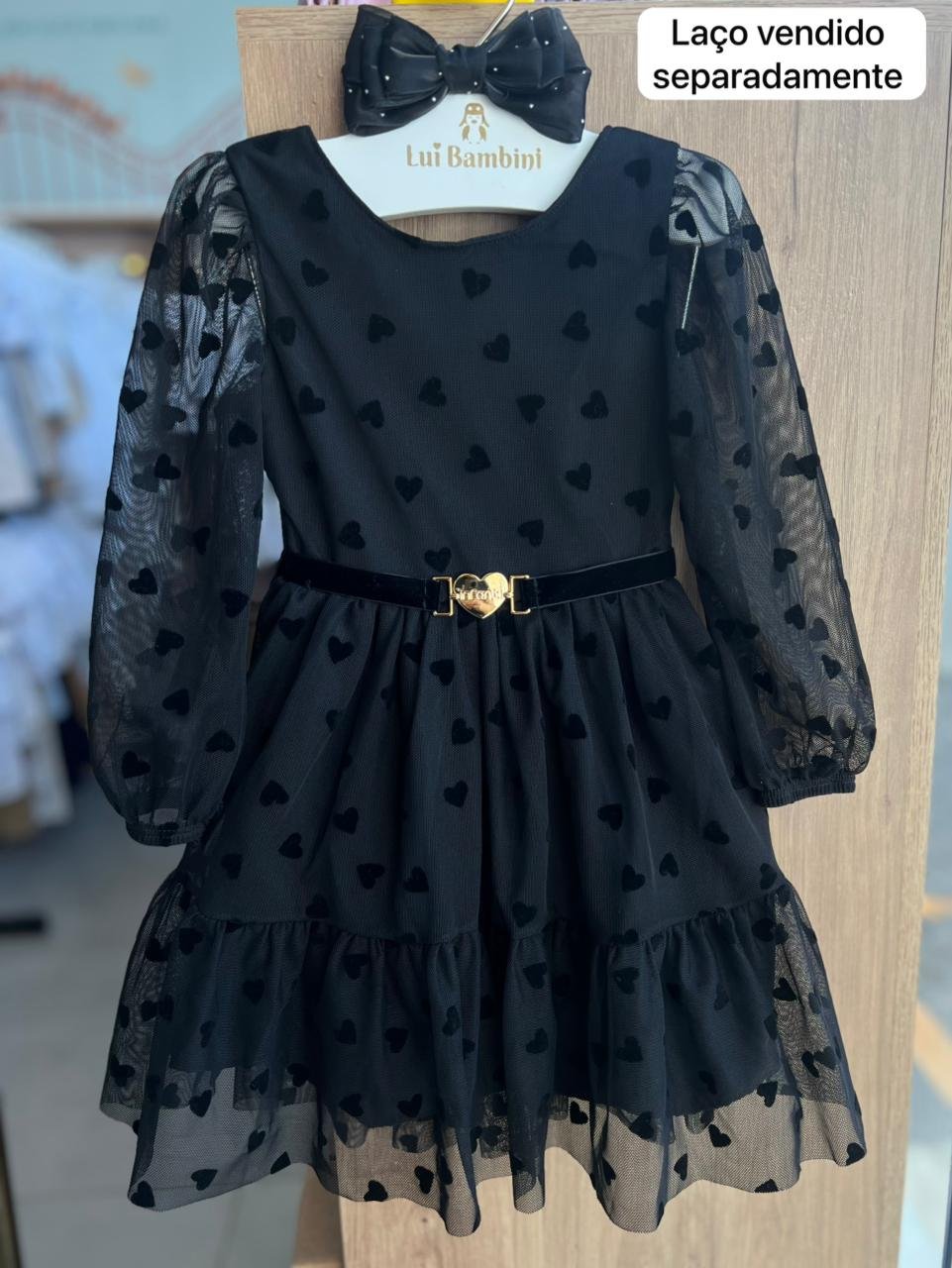 VESTIDO MANGA LONGA CORAÇÕES TULE CINTO FIXO CORAÇÃO MENINA INFANTI - PRETO
