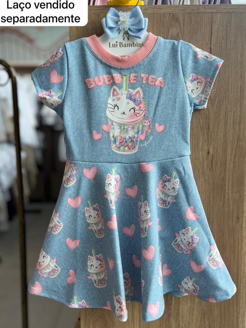 VESTIDO MANGA CURTA BUBBLE TEA GATINHOS MENINA INFANTI - AZUL