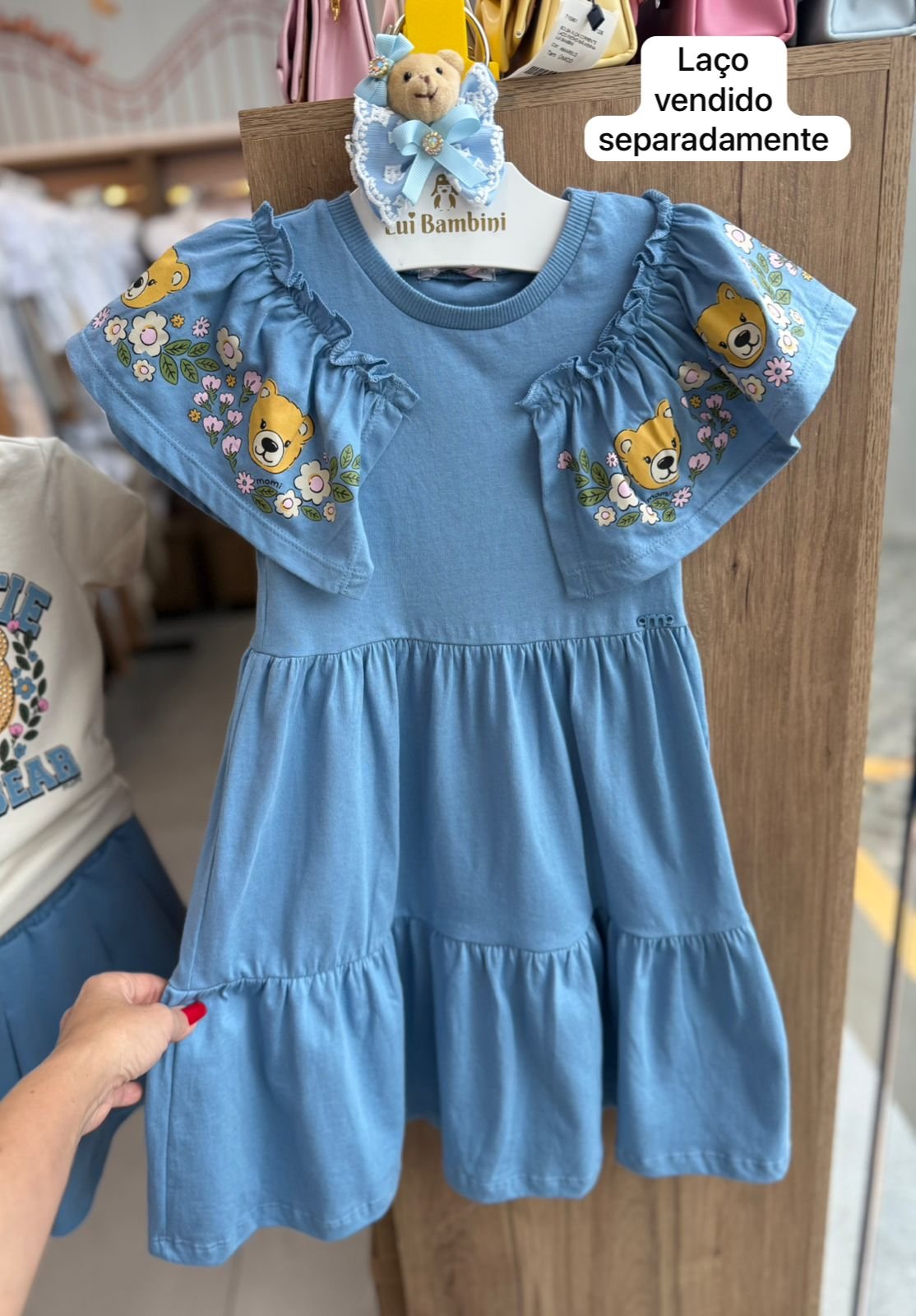 VESTIDO MANGA CURTA BABADO URSO FLORES MENINA MOMI - AZUL