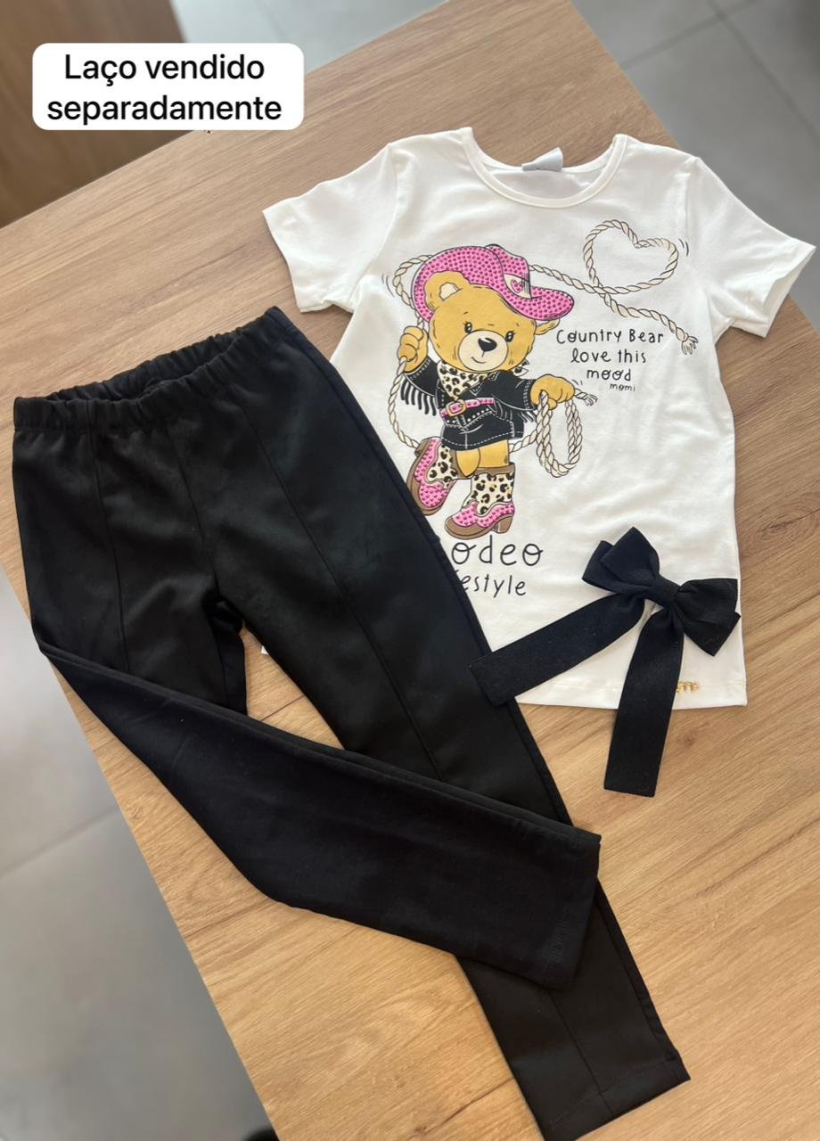 CONJUNTO BLUSA MANGA CURTA COWGIRL URSO STRASS E CALÇA LEGGING MENINA MOMI - OFF/PRETO