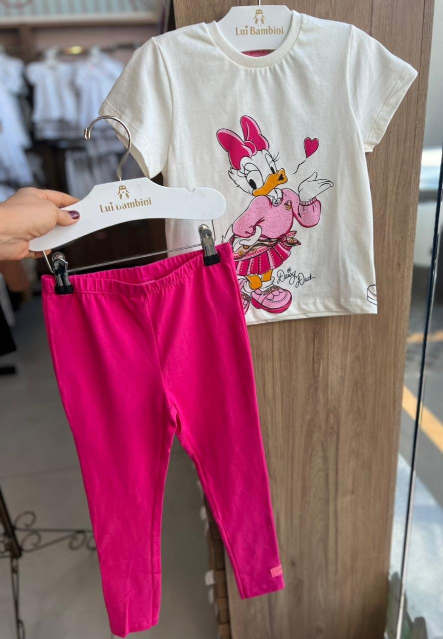 CONJUNTO BLUSA MANGA CURTA DAISY STRASS E CALÇA LEGGING MENINA MOMI - OFF/PINK