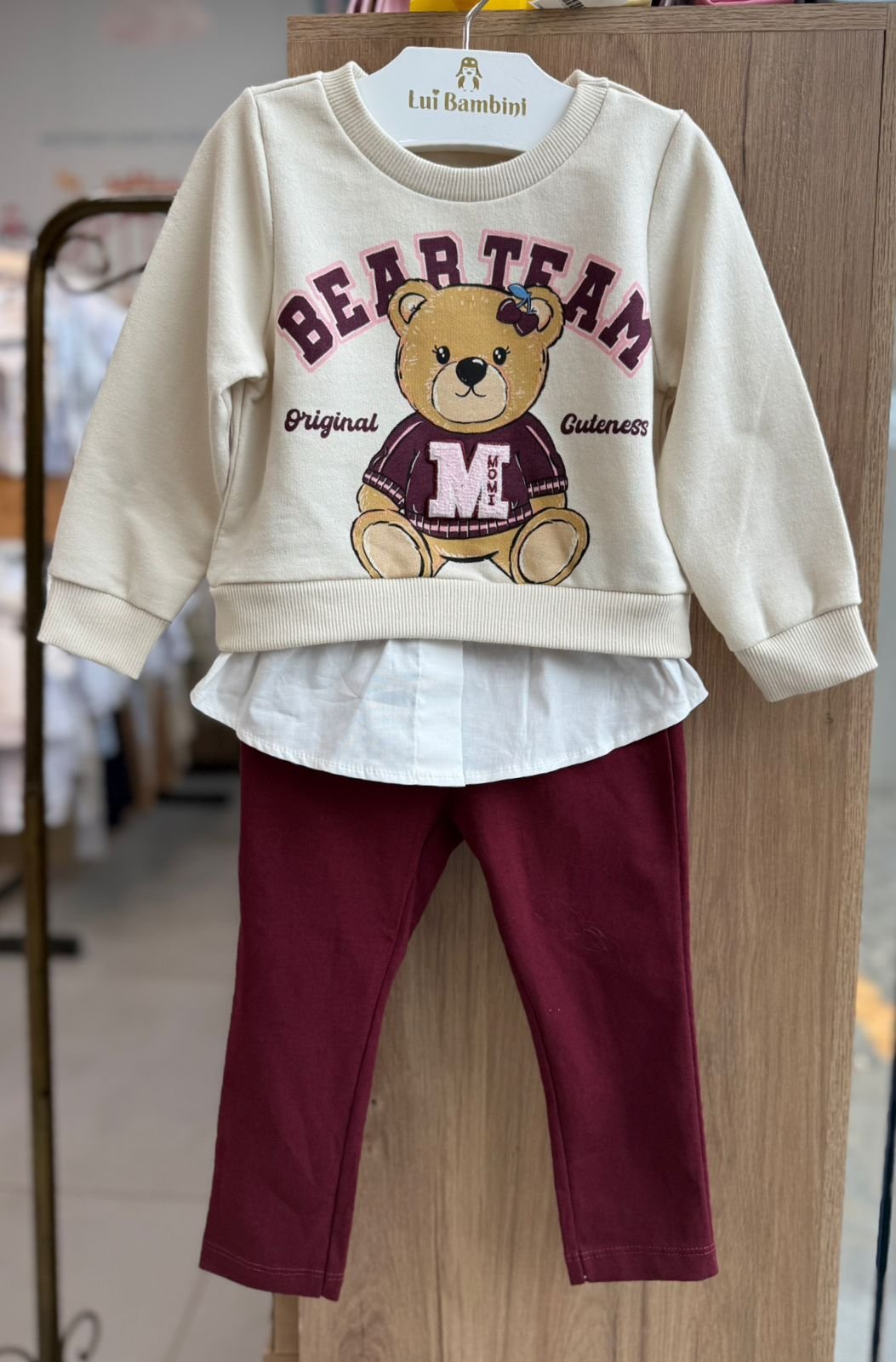 CONJUNTO CASACO MANGA LONGA URSO TEAM TORCEDOR E CALÇA LEGGING MENINA MOMI - BEGE/VINHO