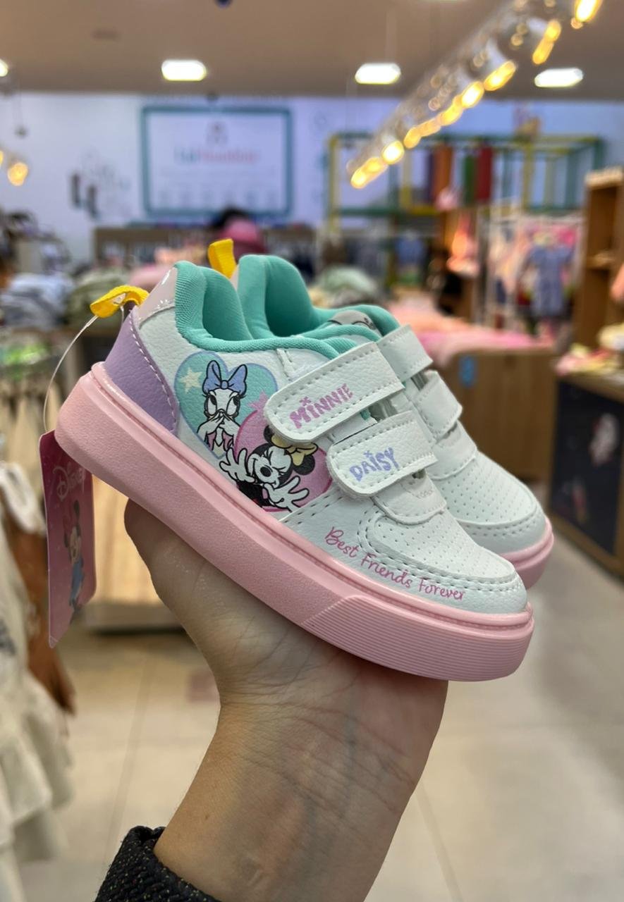 TÊNIS VELCRO DUPLO MINNIE E DAISY FUROS BEST FRIENS MENINA DYAN - BRANCO/ROSA