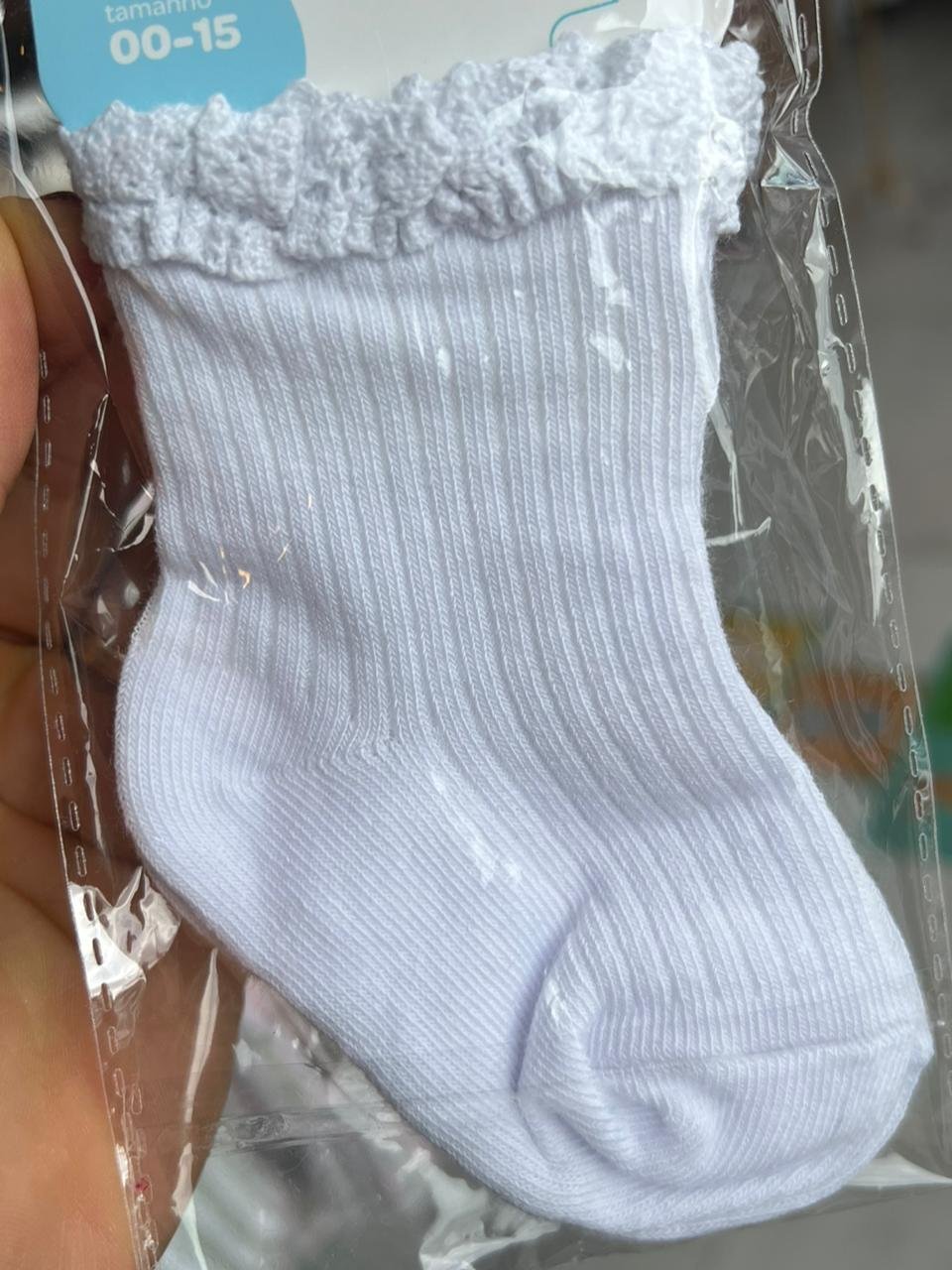 MEIA CANELADA BABADO RENDA CANO ALTO MENINA PIMPOLHO - BRANCO