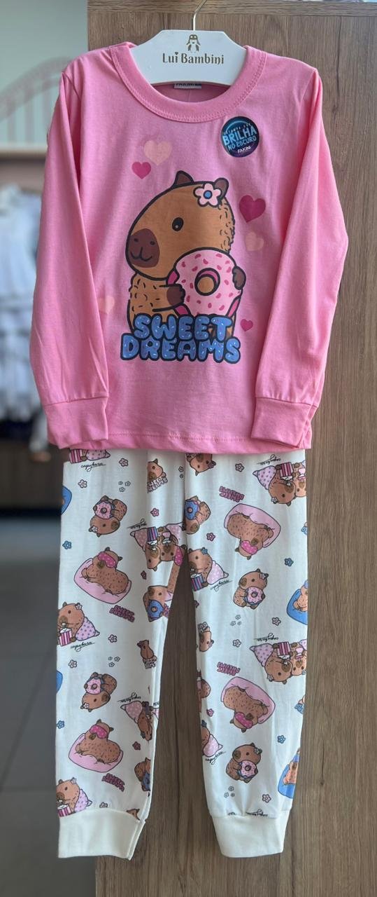 CONJUNTO PIJAMA BLUSA MANGA LONGA CAPIVARA SWEET DONUTS E CALÇA MENINA FAKINI - ROSA/OFF