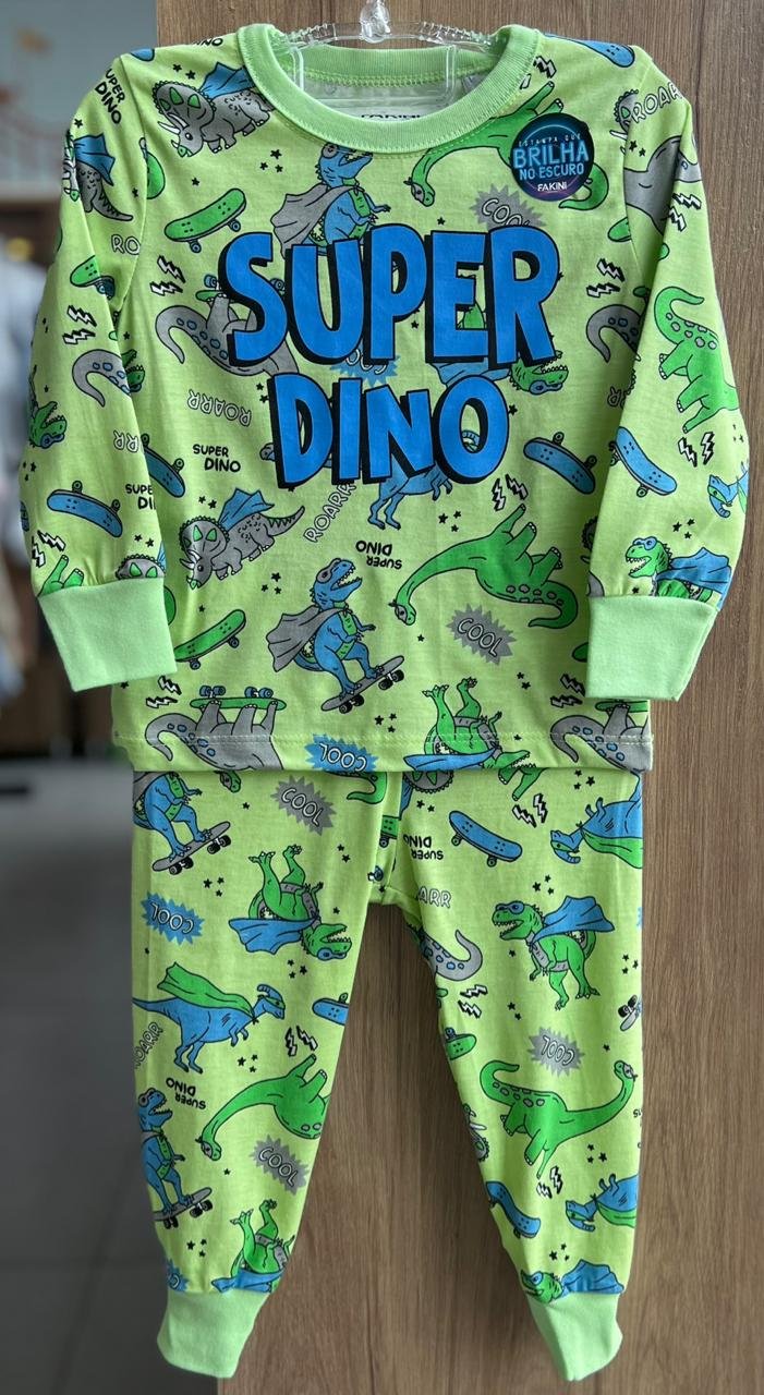 CONJUNTO PIJAMA CAMISETA MANGA LONGA DINO DINOSSAURO SKATE SUPER E CALÇA MENINO FAKINI - VERDE
