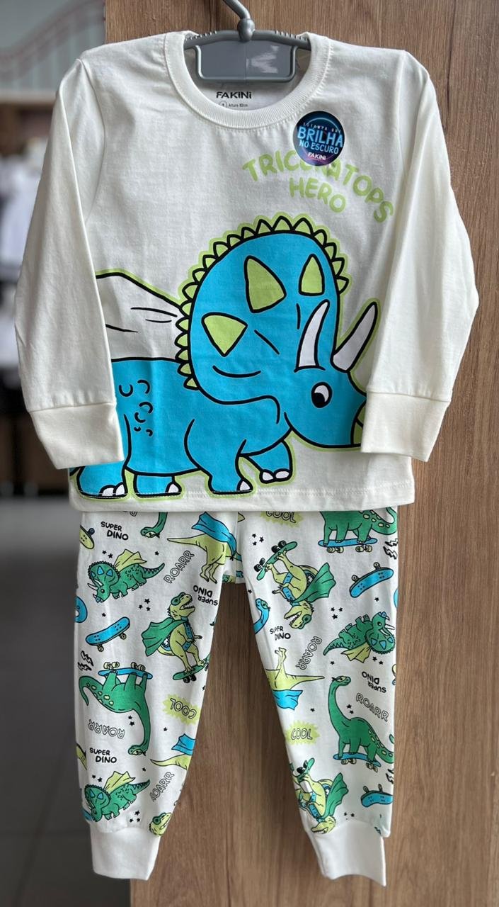 CONJUNTO PIJAMA CAMISETA MANGA LONGA DINO DINOSSAURO TRICERATOPS E CALÇA MENINO FAKINI - OFF/VERDE