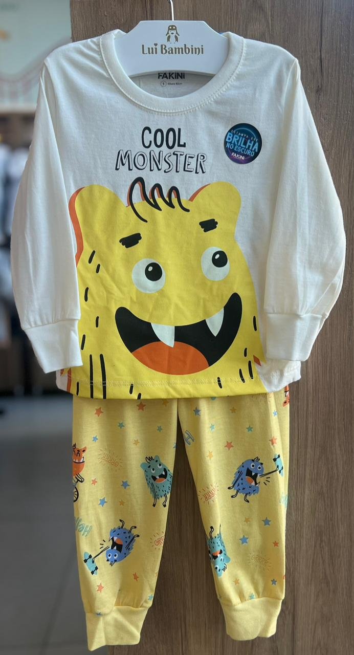 CONJUNTO PIJAMA CAMISETA MANGA LONGA MONSTRINHO COOL MONSTER E CALÇA MENINO FAKINI - OFF/AMARELO