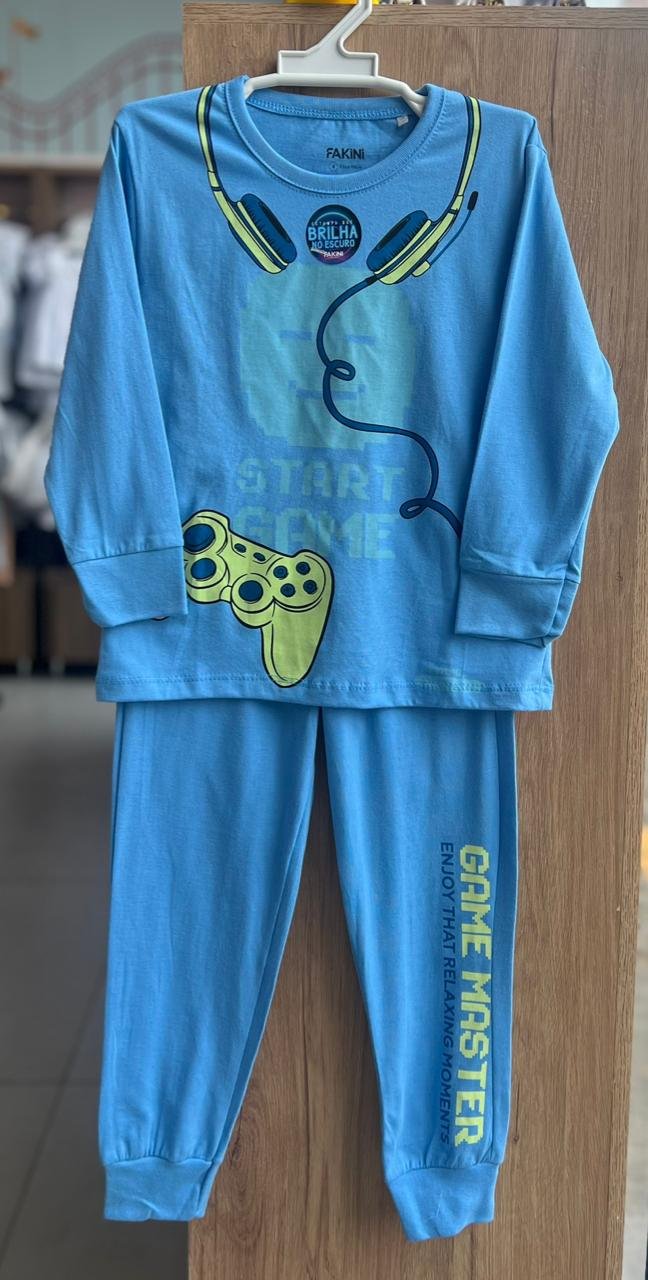CONJUNTO PIJAMA MANGA LONGA START GAME VIDEO GAME E CALÇA MENINO FAKINI - AZUL