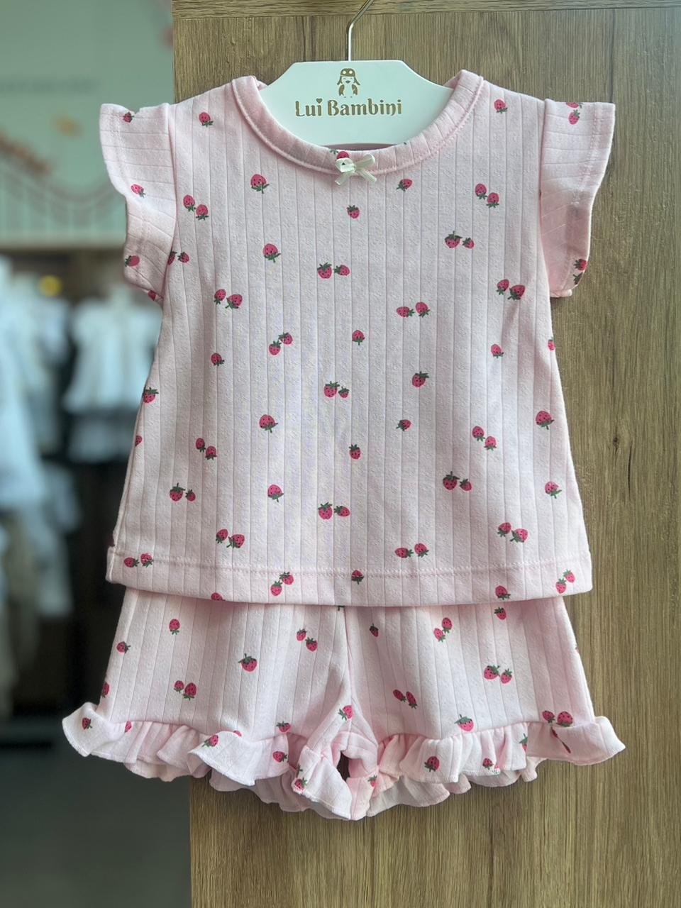 CONJUNTO PIJAMA BLUSA MANGA CURTA CANELADO MORANGOS E SHORT BABADO MENINA FAKINI - ROSA