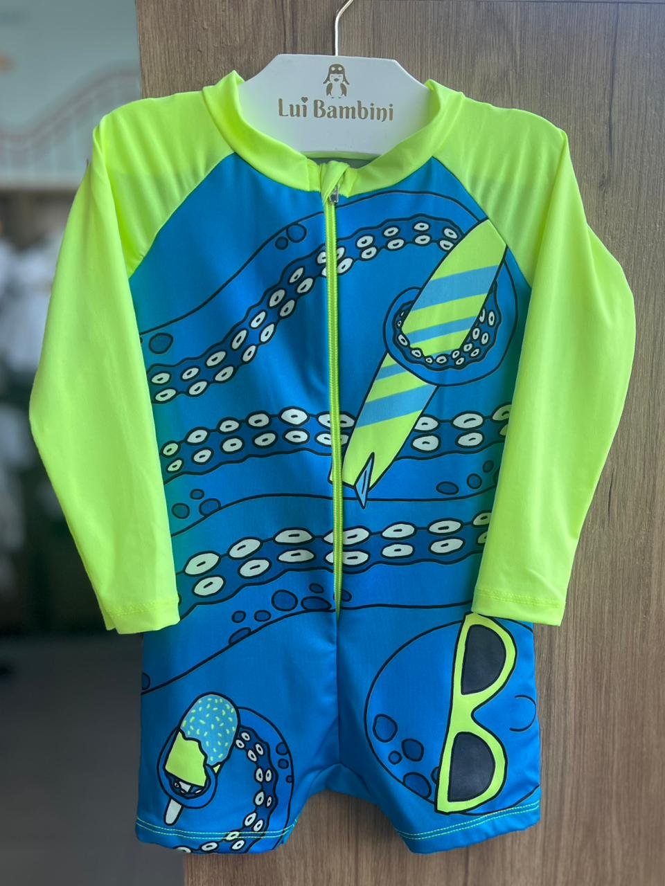 MACACÃO MANGA LONGA ZÍPER POLVO FUNDO DO MAR PROTEÇÃO UV50+ MENINO FAKINI - AMARELO