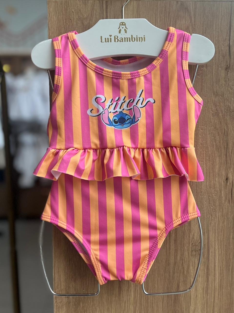 CONJUNTO BIQUINI REGATA TOP LISTRADO STITCH PROTEÇÃO UV50+ E CALCINHA MENINA FAKINI - LARANJA/ROSA