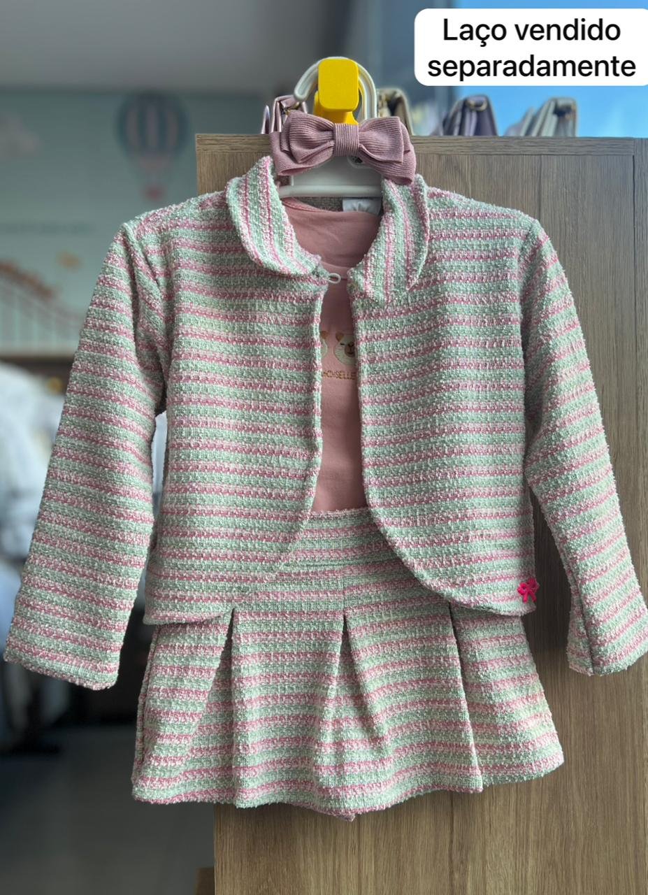 CONJUNTO BLUSA MANGA LONGA CAPIVARA BORDADA CASACO LISTRAS E SHORT SAIA TWEED MENINA FAKINI - ROSA