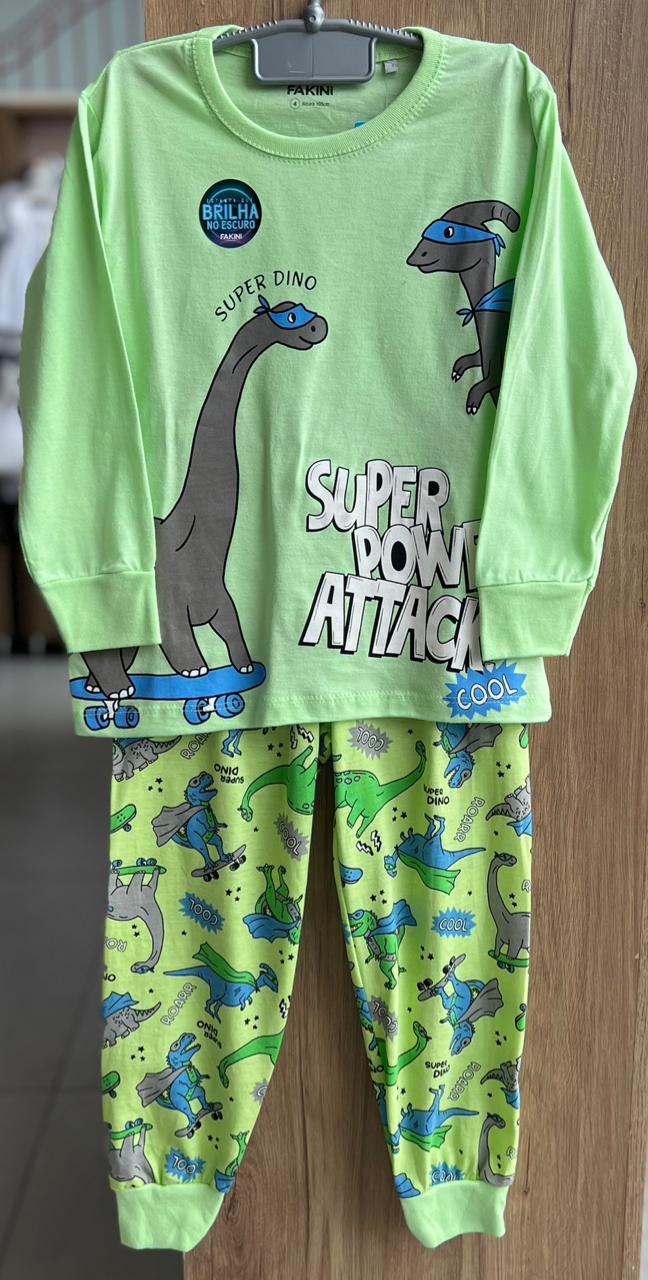 CONJUNTO PIJAMA CAMISETA MANGA LONGA DINO DINOSSAURO SKATE HEROI E CALÇA MENINO FAKINI - VERDE