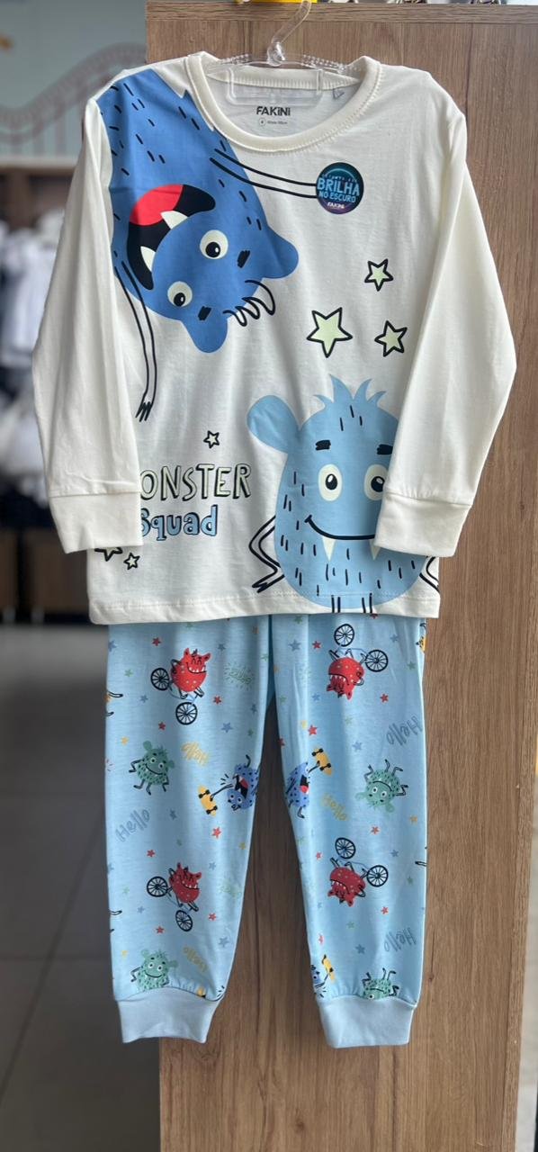 CONJUNTO PIJAMA CAMISETA MANGA LONGA MONSTER SQUAD E CALÇA MENINO FAKINI - OFF/AZUL