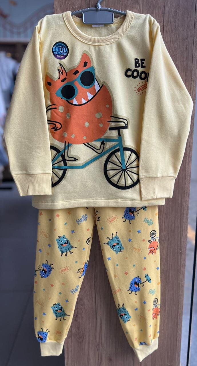 CONJUNTO PIJAMA BLUSÃO MANGA LONGA MONSTER BIKE BE COOL E CALÇA MENINO FAKINI - AMARELO