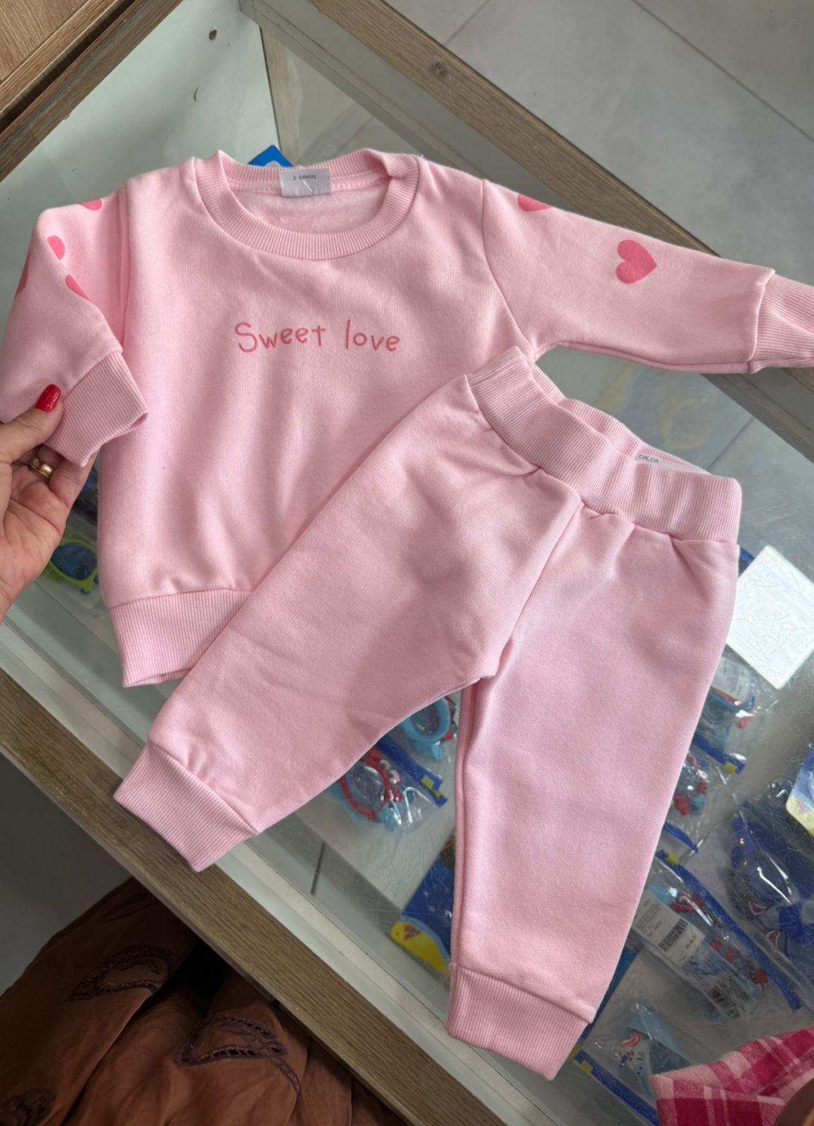 CONJUNTO BLUSÃO MANGA LONGA SWEET LOVE CORAÇÃO E CALÇA MENINA FAKINI - ROSA