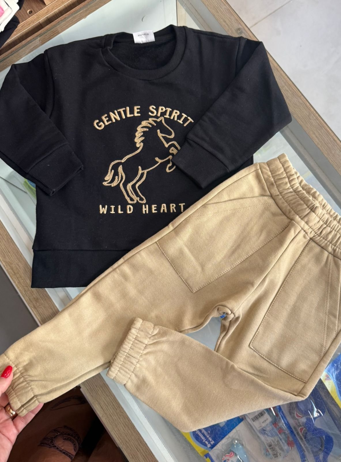 CONJUNTO BLUSÃO MANGA LONGA CAVALO BORDADO E CALÇA MENINO FAKINI - PRETO/CARAMELO