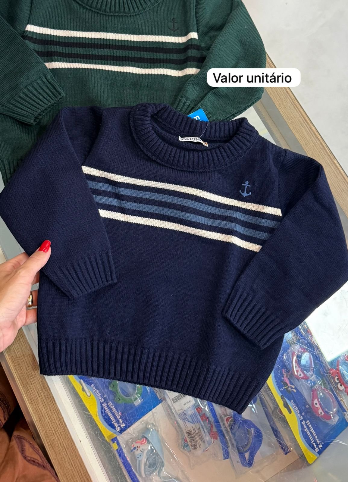 CASACO SUÉTER MANGA LONGA LISTRADO TRICOT TRICÔ MINIMALISTA ÂNCORA MENINO FAKINI - MARINHO