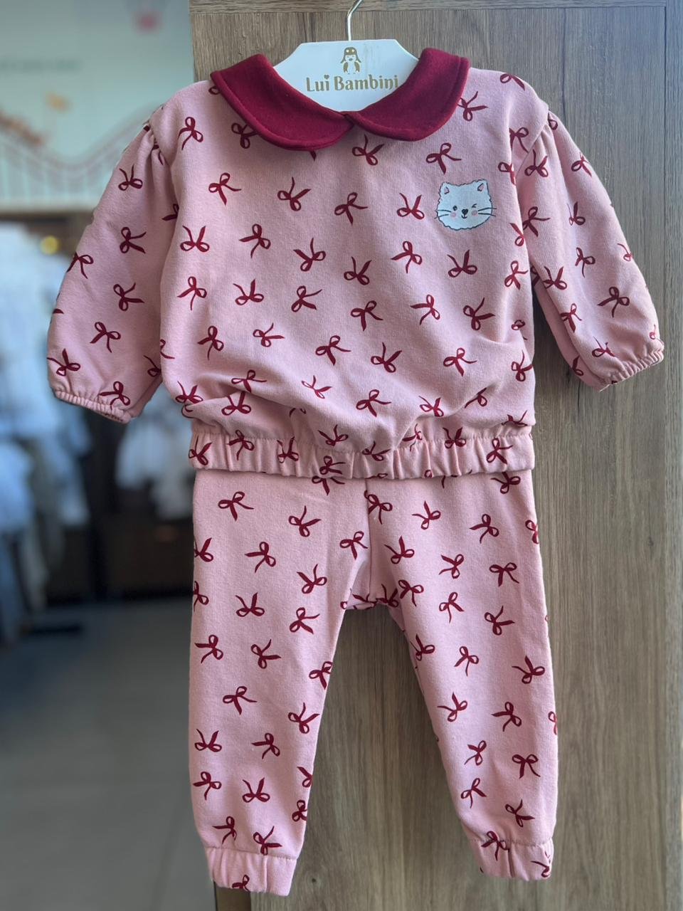 CONJUNTO BLUSÃO MANGA LONGA LAÇO GATA E CALÇA MENINA FAKINI - ROSA