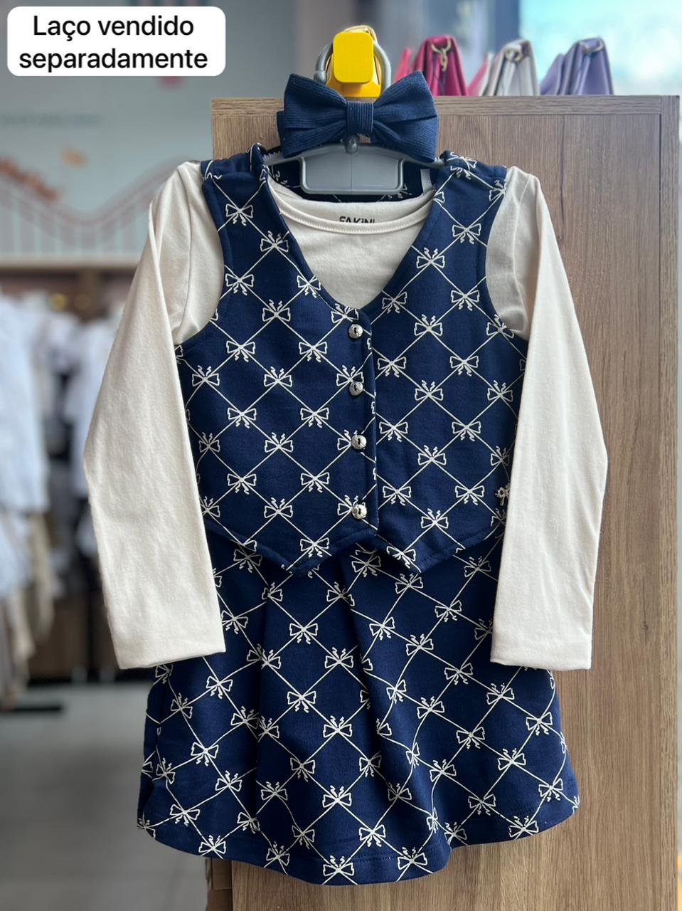 CONJUNTO BLUSA MANGA LONGA COLETE BOTÕES LAÇO E SHORT SAIA MENINA FAKINI - BEGE/MARINHO