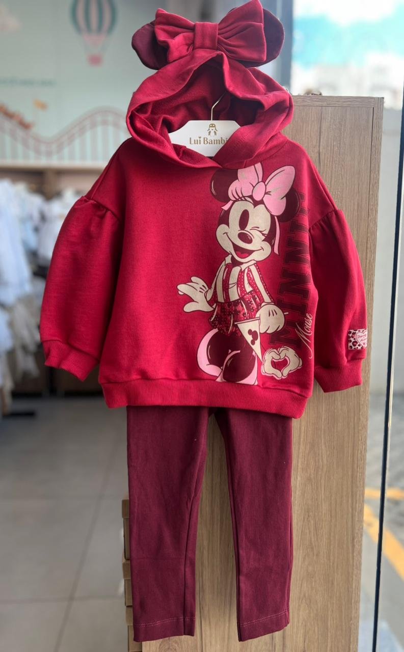 CONJUNTO CASACO MANGA LONGA MINNIE STRASS CAPUZ ORELHA LAÇO E CALÇA LEGGING MENINA ANIMÊ - VERMELHO/VINHO