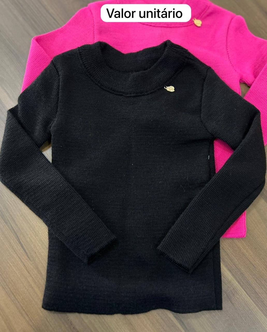 BLUSA MANGA LONGA CANELADO PINGENTE TRICOT TRICO MENINA BIMBI - PRETO