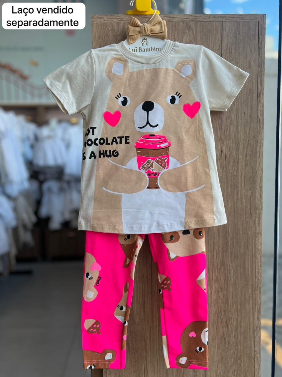 CONJUNTO BLUSA MANGA CURTA URSO CHOCOLATE QUENTE E CALÇA LEGGING MENINA BIMBI - BEGE/ROSA