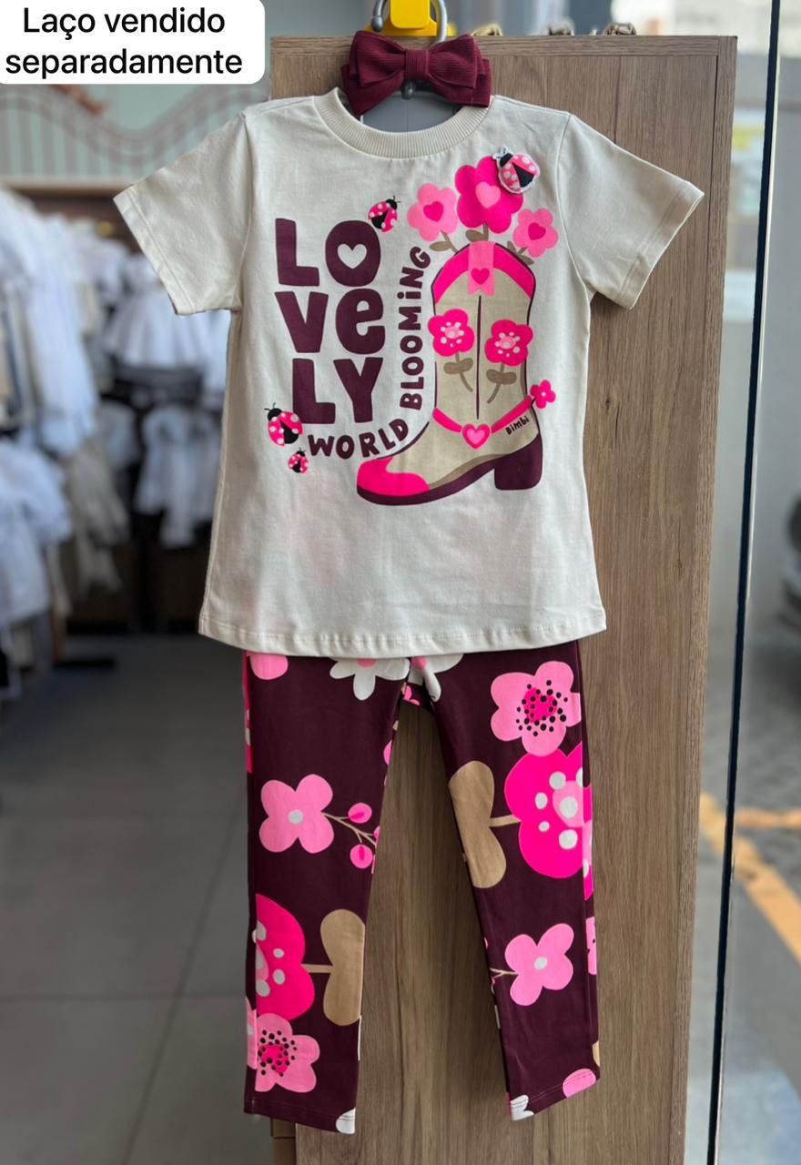 CONJUNTO BLUSA MANGA CURTA BOTA LOVELY BOIADEIRA COWGIRL E CALÇA LEGGING MENINA BIMBI - BEGE/VINHO