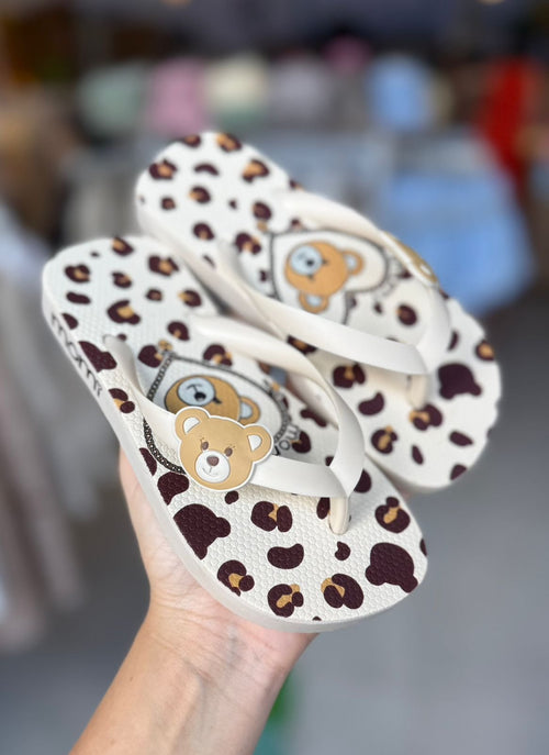 CHINELO ALÇA FINA HAVAI URSO CORAÇÃO MANCHA MENINA MOMI - BEGE