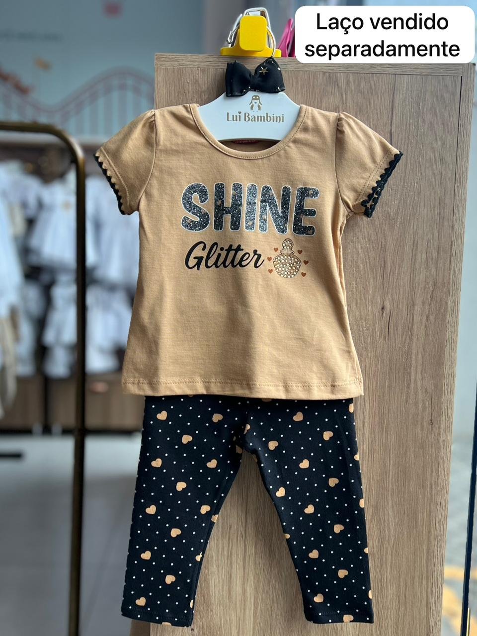CONJUNTO BLUSA MANGA CURTA SHINE GLITTER E CALÇA LEGGING POA MENINA KYLY - MARROM/PRETO