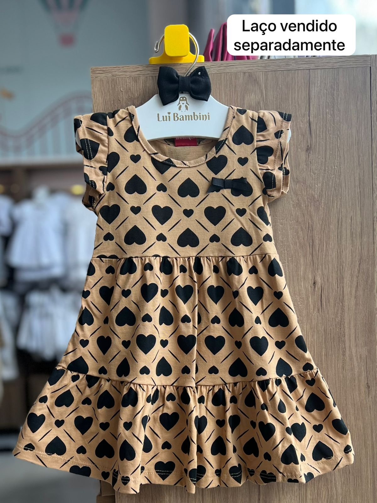 VESTIDO MANGA CURTA CORAÇÕES MENINA KYLY - MARROM/PRETO