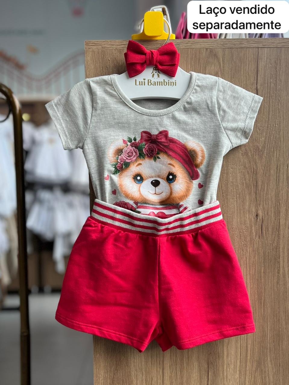 CONJUNTO BLUSA MANGA CURTA URSO FLORES E SHORT MENINA KYLY - MESCLA/VERMELHO