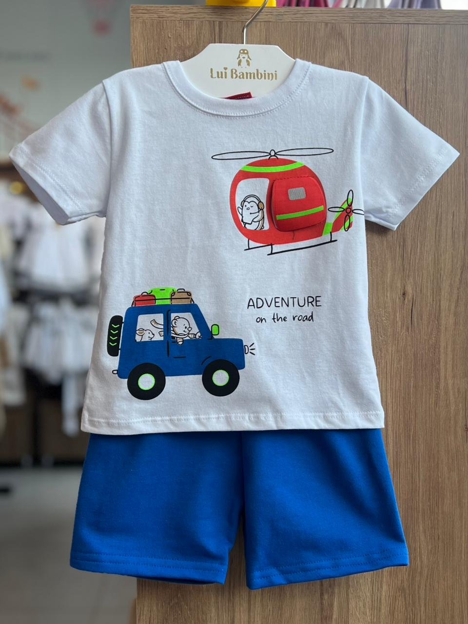 CONJUNTO CAMISETA MANGA CURTA HELICOPTERO CARRO E BERMUDA MENINO KYLY - BRANCO/AZUL