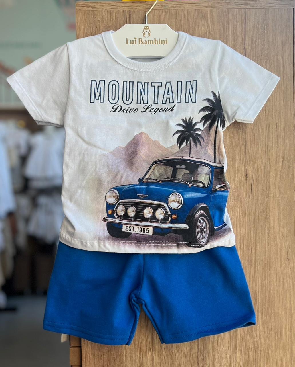 CONJUNTO CAMISETA MANGA CURTA MOUTAIN CARRO E BERMUDA MENINO KYLY - BRANCO/AZUL