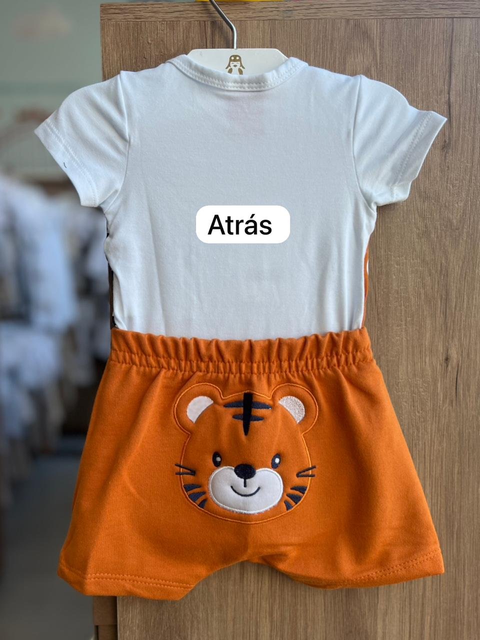 CONJUNTO BODY MANGA CURTA LISTRADO TIGRE E BERMUDA MENINO KYLY - BRANCO