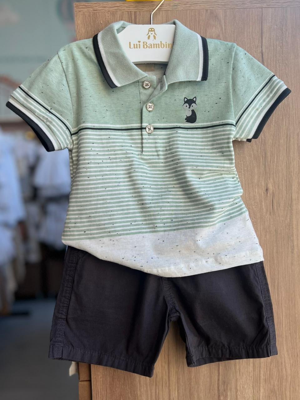 CONJUNTO CAMISETA MANGA CURTA POLO LISTRADO RAPOSA E BERMUDA MENINO MILON - VERDE/PRETO