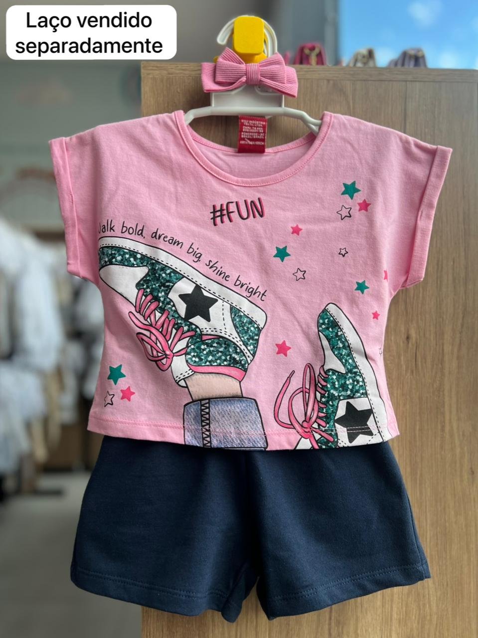 CONJUNTO BLUSA MANGA CURTA ESTRELA STAR E SHORT MENINA KYLY - ROSA/MARINHO