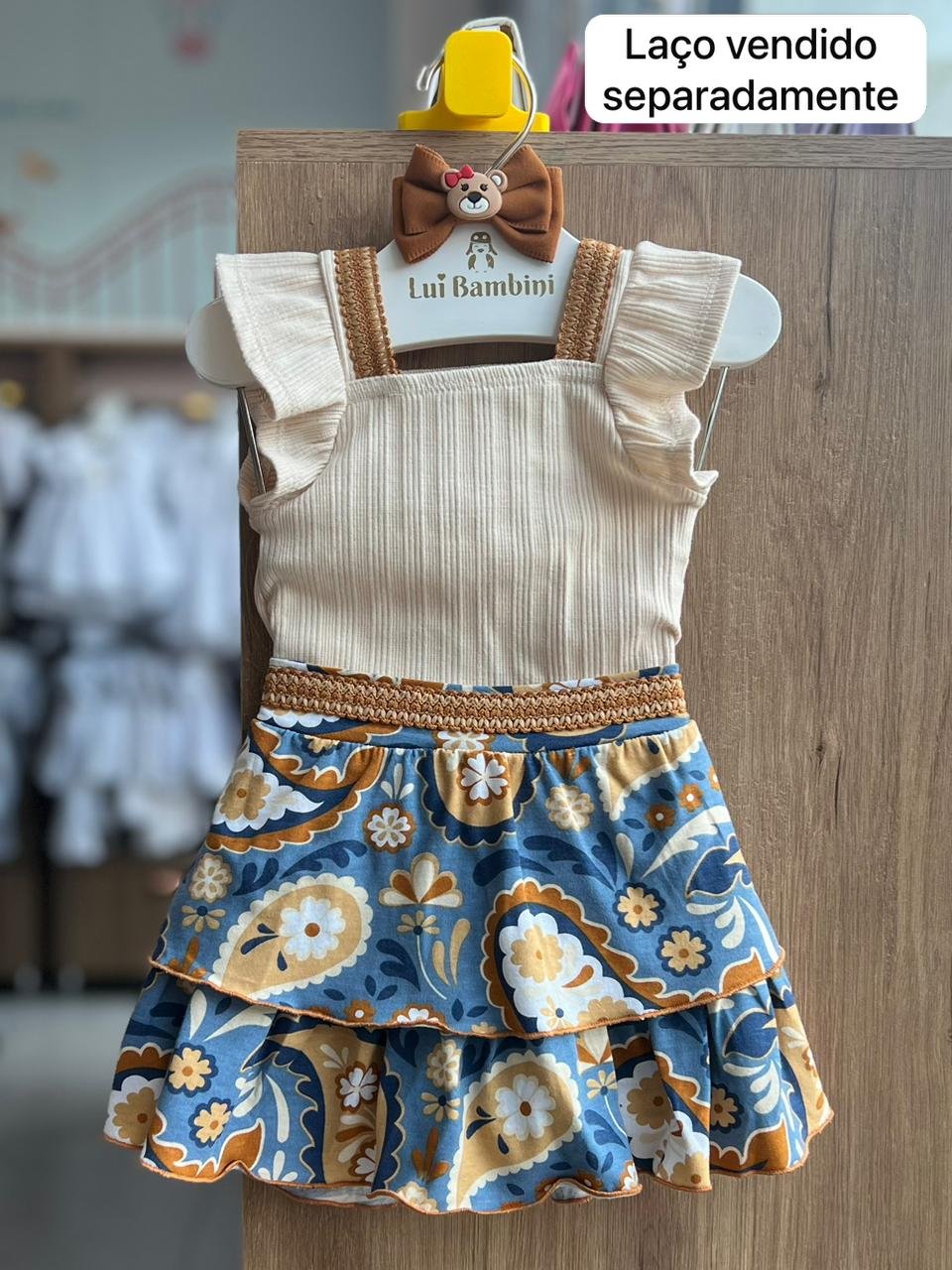 CONJUNTO BLUSA REGATA BABADO CANELADO E SAIA MENINA NANAI - BEGE/AZUL