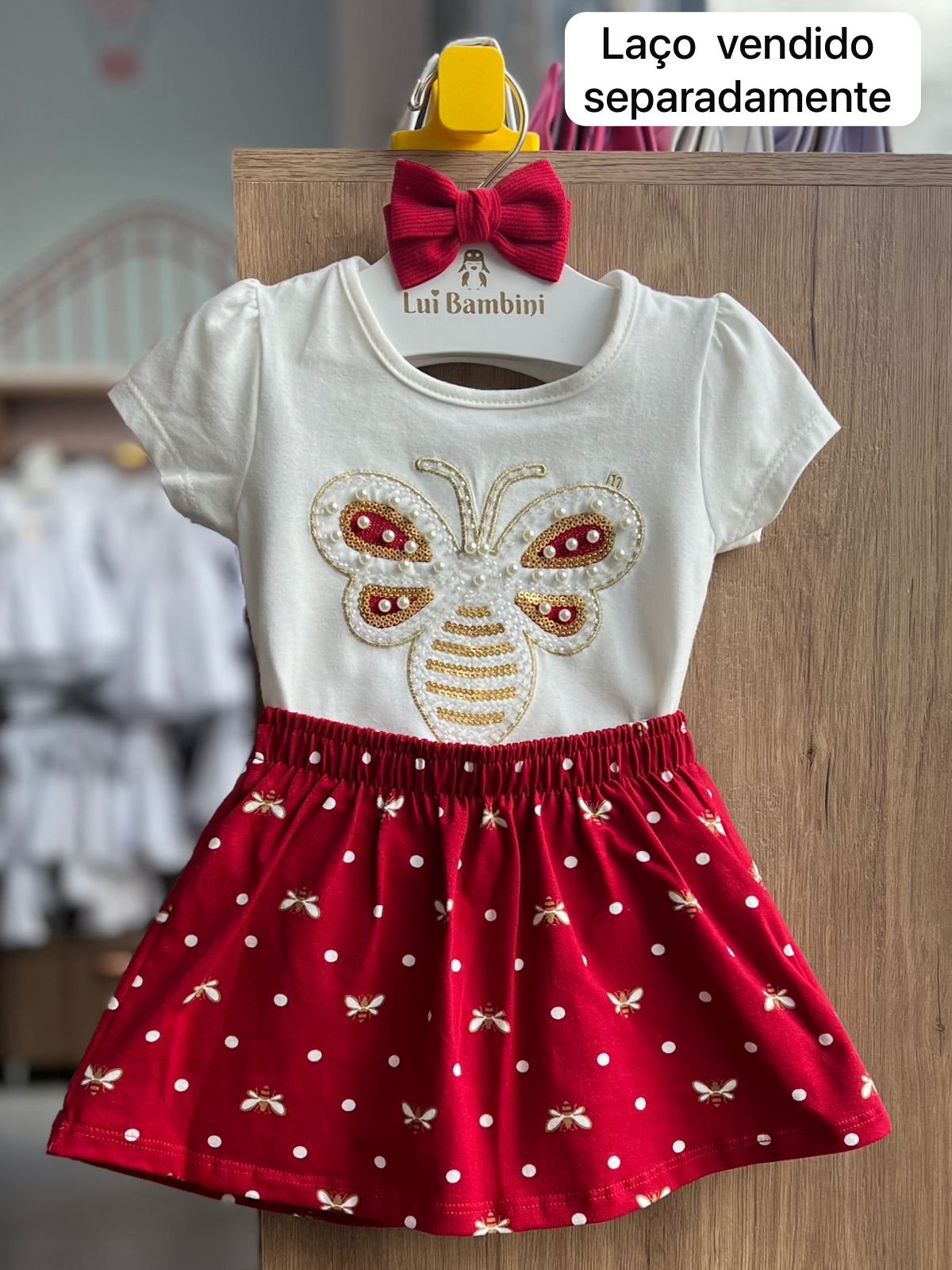 CONJUNTO BLUSA MANGA CURTA BORBOLETA PÉROLAS E SAIA MENINA MILON - OFF/VERMELHO