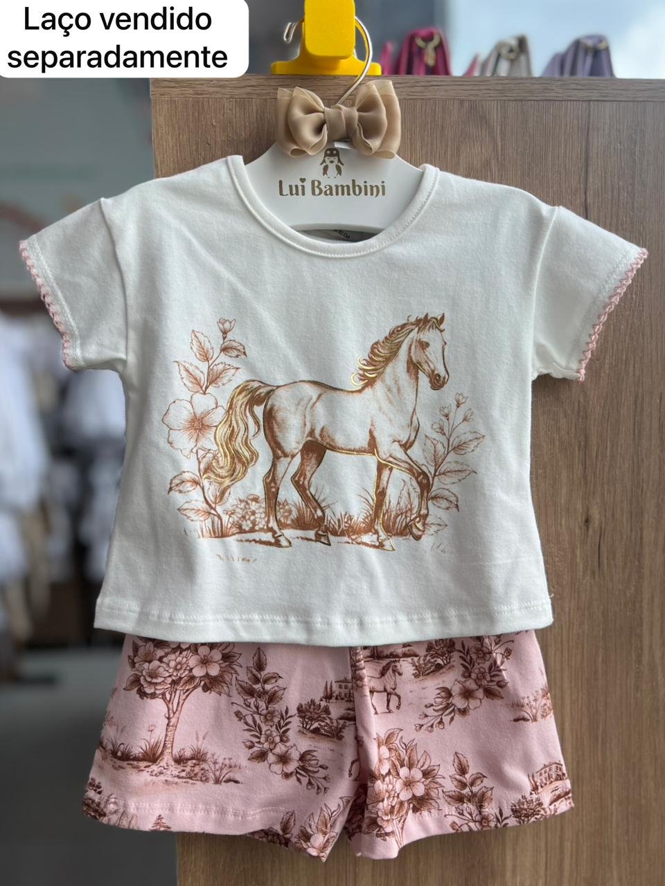 CONJUNTO BLUSA MANGA CURTA CAVALO FLORES E SHORT MENINA MILON - OFF/ROSA