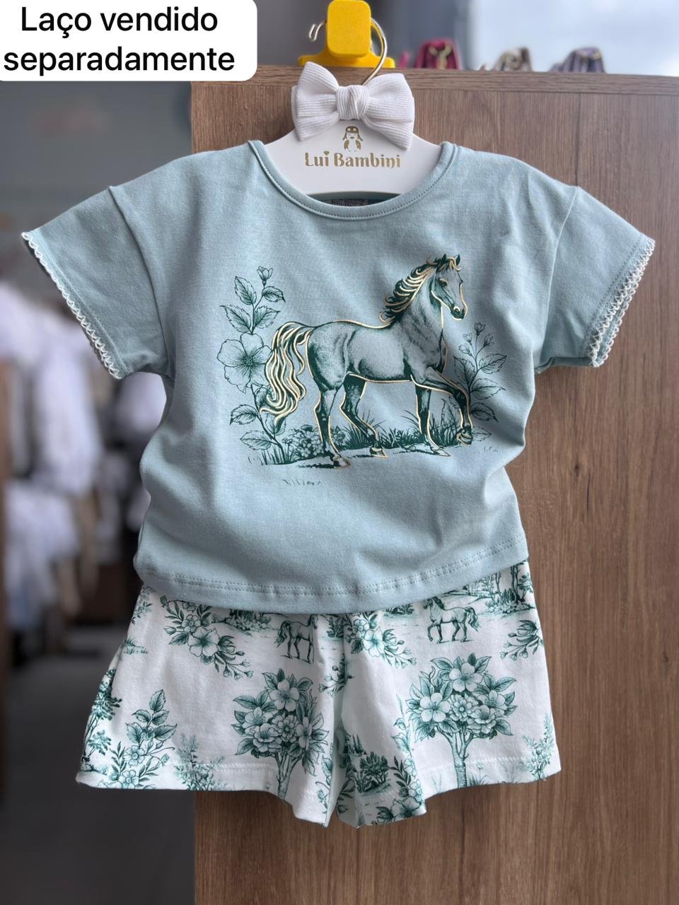 CONJUNTO BLUSA MANGA CURTA CAVALO FLORES E SHORT MENINA MILON - VERDE/BRANCO