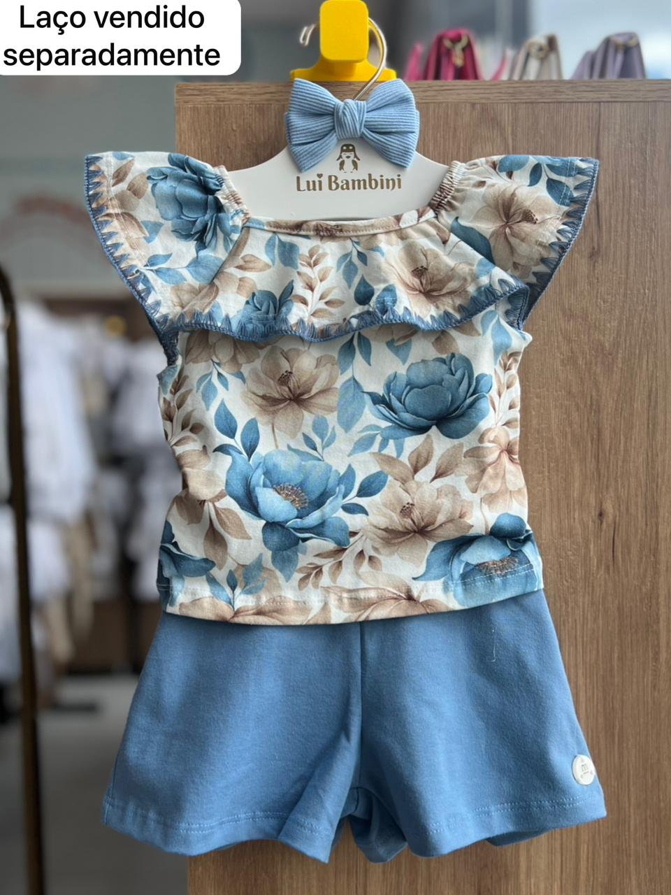 CONJUNTO BLUSA MANGA CURTA BABADO RENDA FLORES E SHORT MENINA MILON - OFF/AZUL